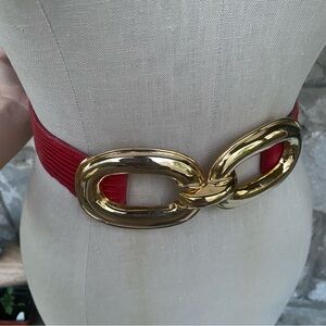Vintage 80s A. Brod red leather belt with large oval gold tone buckle